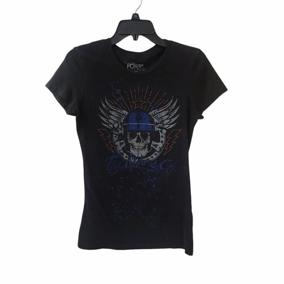 Fox Racing Black Red Blue Biker Motorcycle Skull Logo Top Women's Small - Picture 1 of 6